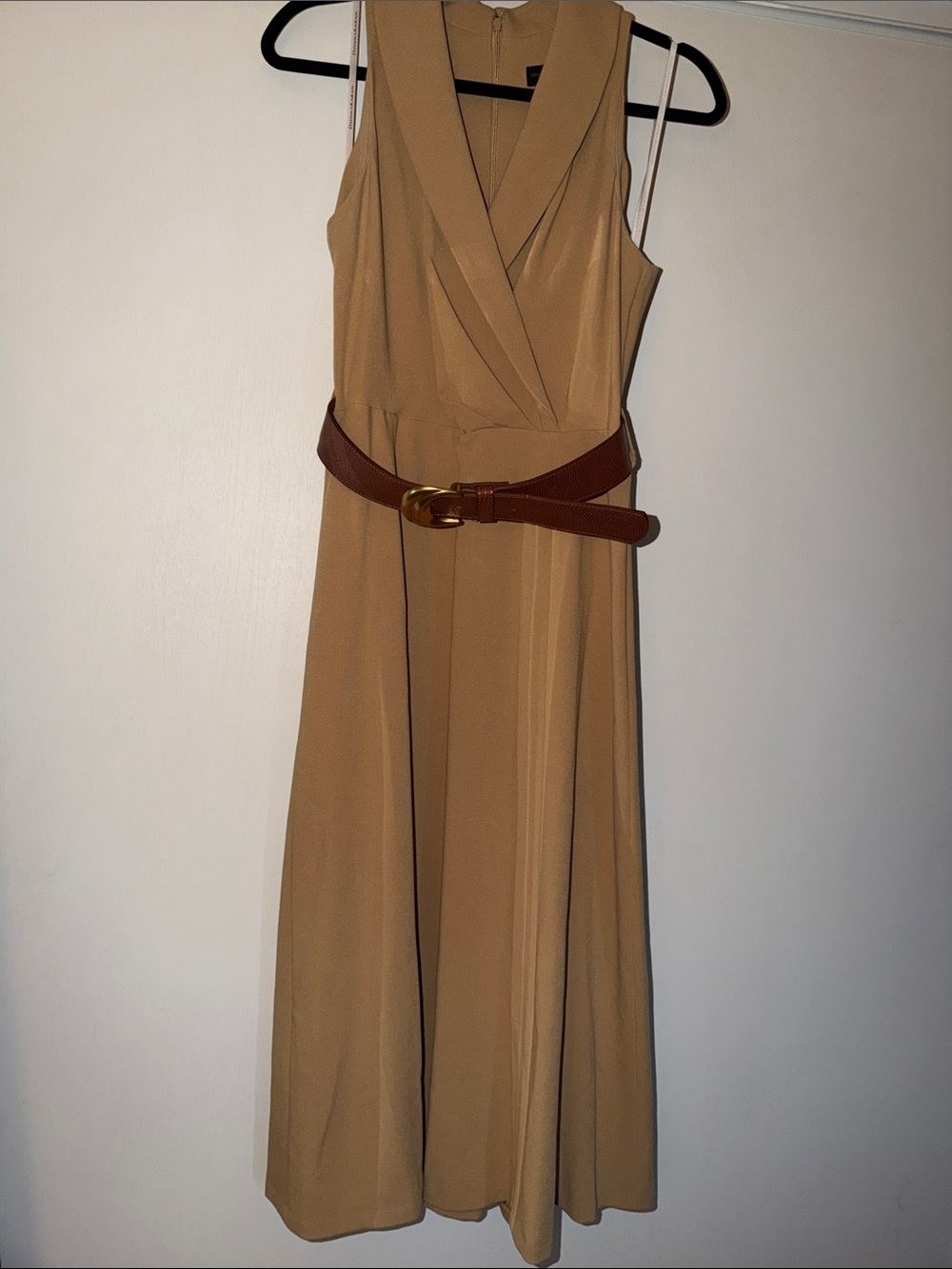 Donna Karan Camel Sleeveless V‑Neck Midi Dress